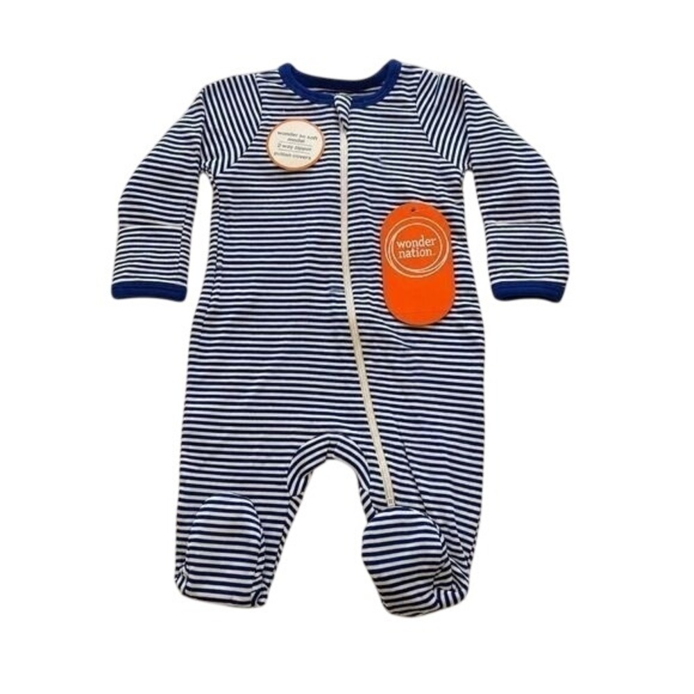Wonder Nation Baby 2 Pack Sleep and Play Pajamas 3-6M Blue Smiley Stripe Modal - Picture 3 of 9